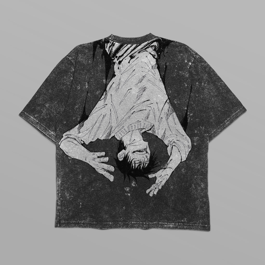 The &quot;Reversal&quot; Vintage Oversized T-Shirt by Jujutsu Kaisen offers a distressed black design featuring an inverted figure with extended hands. Ideal for anime streetwear fans, this unique piece is a standout addition to any Toji Fushiguro enthusiast&