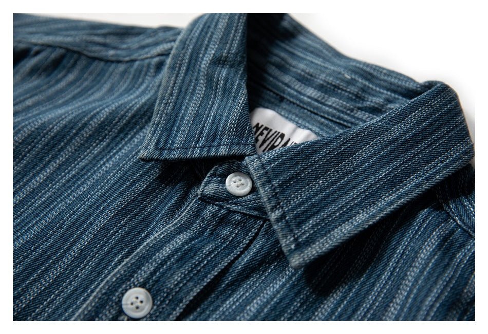 Neviraler Retro Amekaji Long - Sleeved Shirt Casual Loose Vertical Stripes Denim Shirt Men&