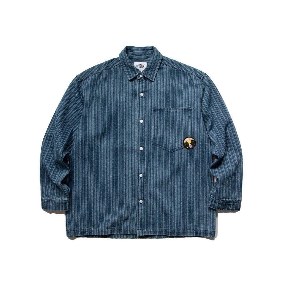 Neviraler Retro Amekaji Long - Sleeved Shirt Casual Loose Vertical Stripes Denim Shirt Men's Nra30 - Seakoff