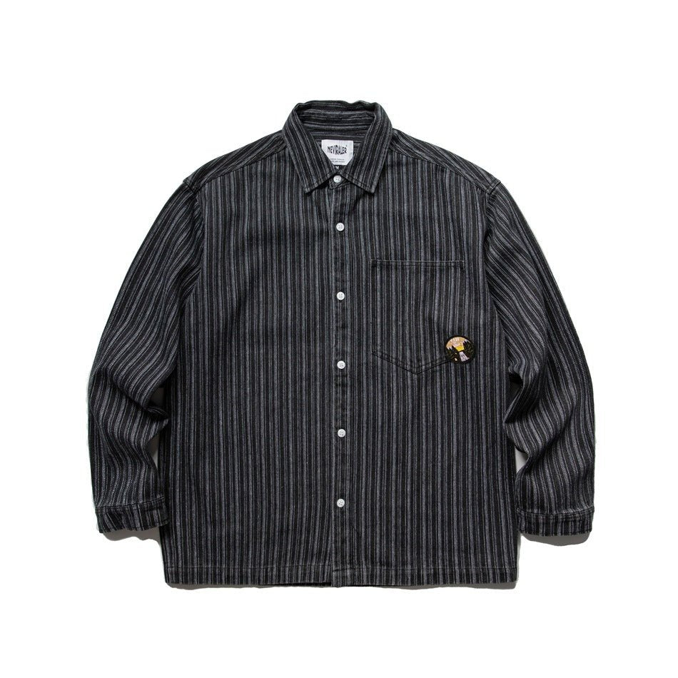 Neviraler Retro Amekaji Long - Sleeved Shirt Casual Loose Vertical Stripes Denim Shirt Men&