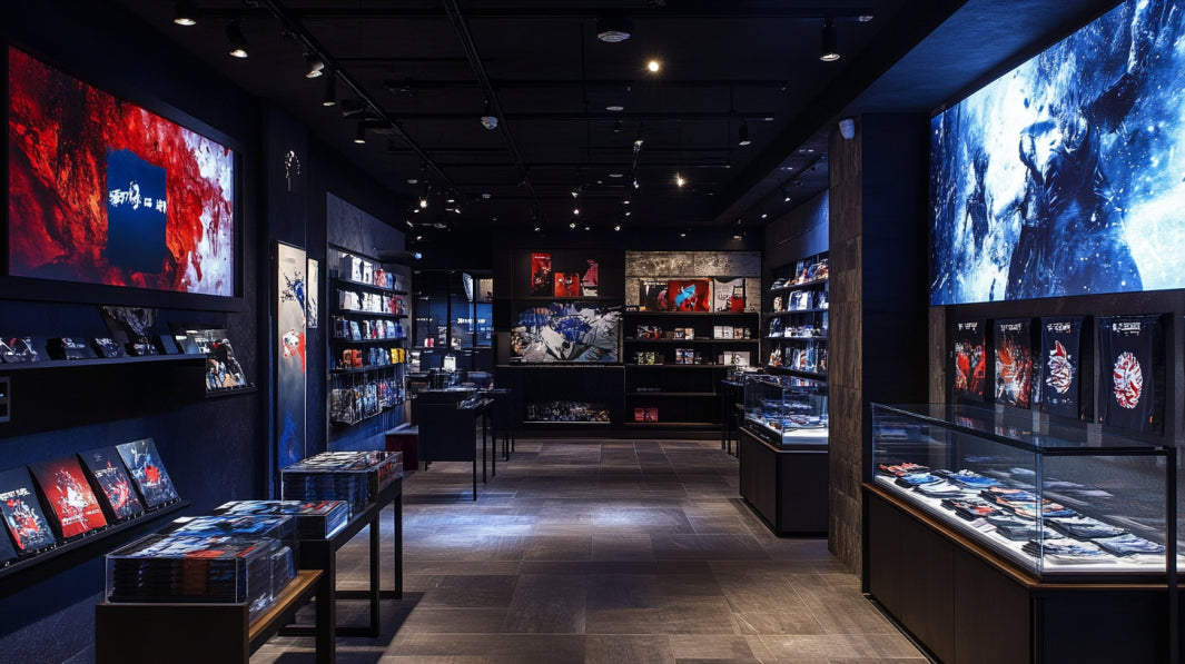 Interior of a modern store with dim lighting, displaying shelves and stands filled with merchandise. Large posters with abstract and character designs decorate the walls. Glass display cases line the right side, showcasing various items.