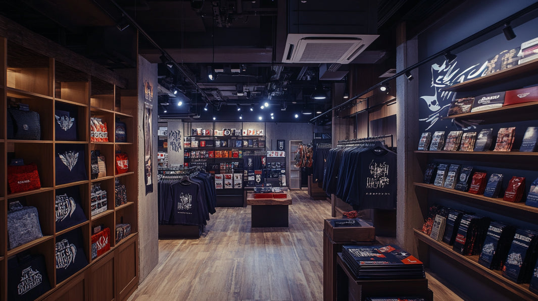 A store interior with shelves and racks displaying clothing, merchandise, and posters. The room is illuminated with ceiling lights, and the flooring is wooden. The walls feature various graphic designs, creating a modern and organized retail space.