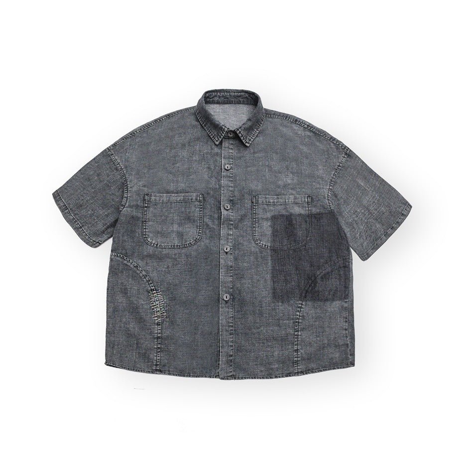 Patchwork Denim Chambray Shirt on Sale - Men's and Women's Short Sleeve Vintage Style - Seakoff