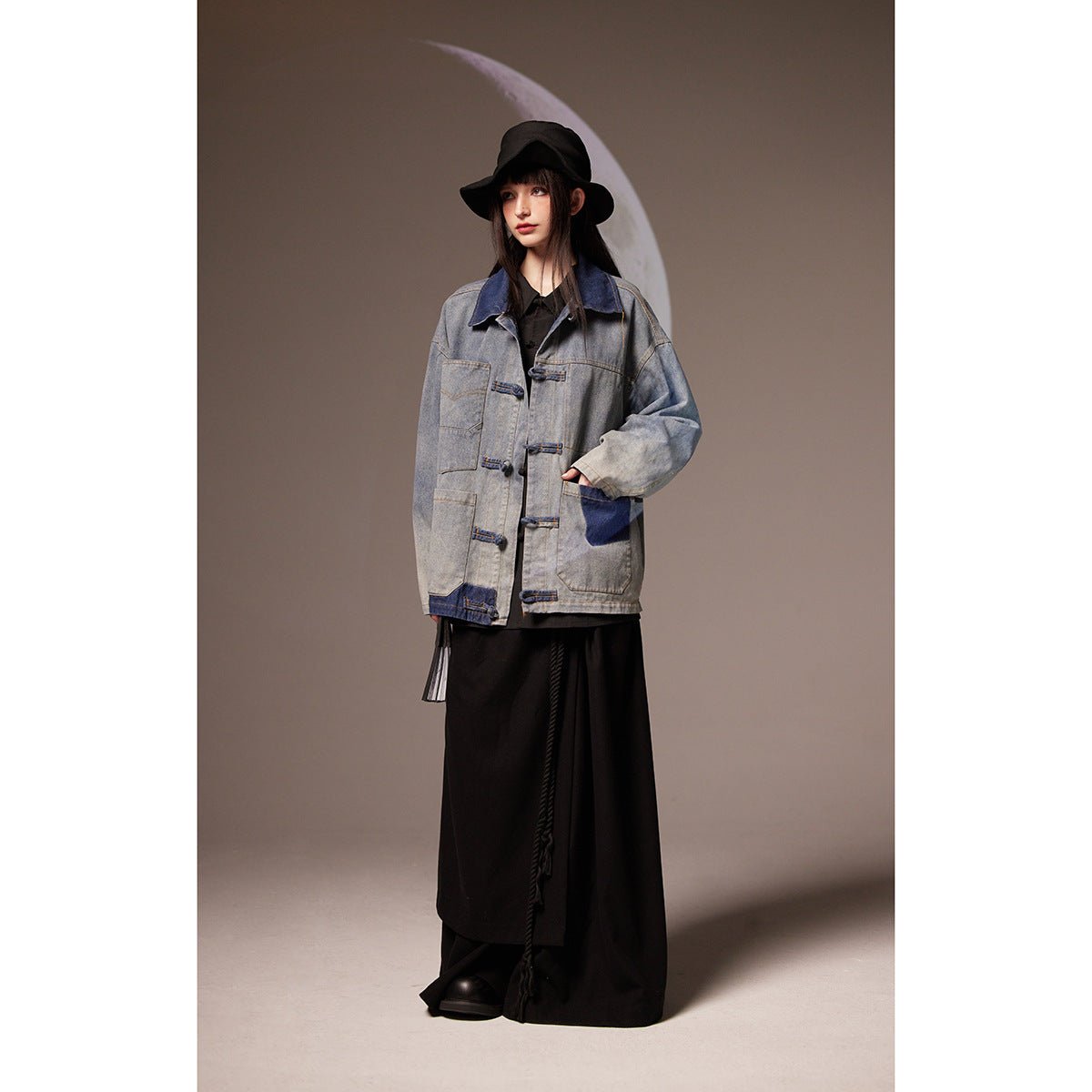 Patchwork Toggle Denim Chambray Jacket on Sale - Men's and Women's Long Sleeve Vintage Style - Seakoff