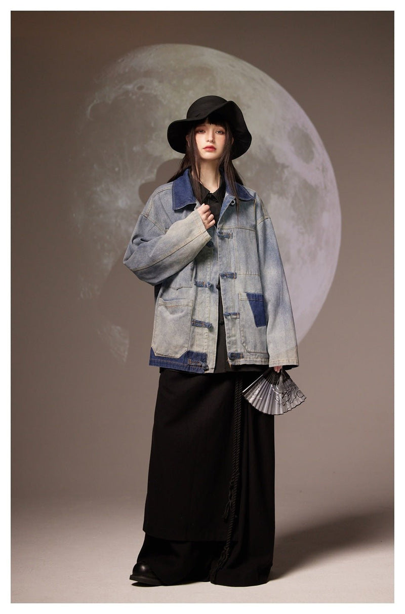 Patchwork Toggle Denim Chambray Jacket on Sale - Men's and Women's Long Sleeve Vintage Style - Seakoff