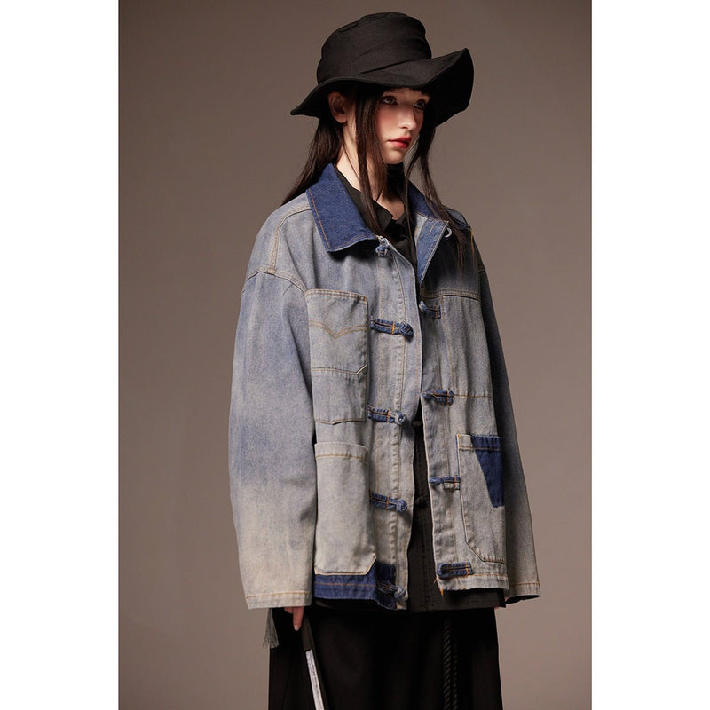 Patchwork Toggle Denim Chambray Jacket on Sale - Men's and Women's Long Sleeve Vintage Style - Seakoff