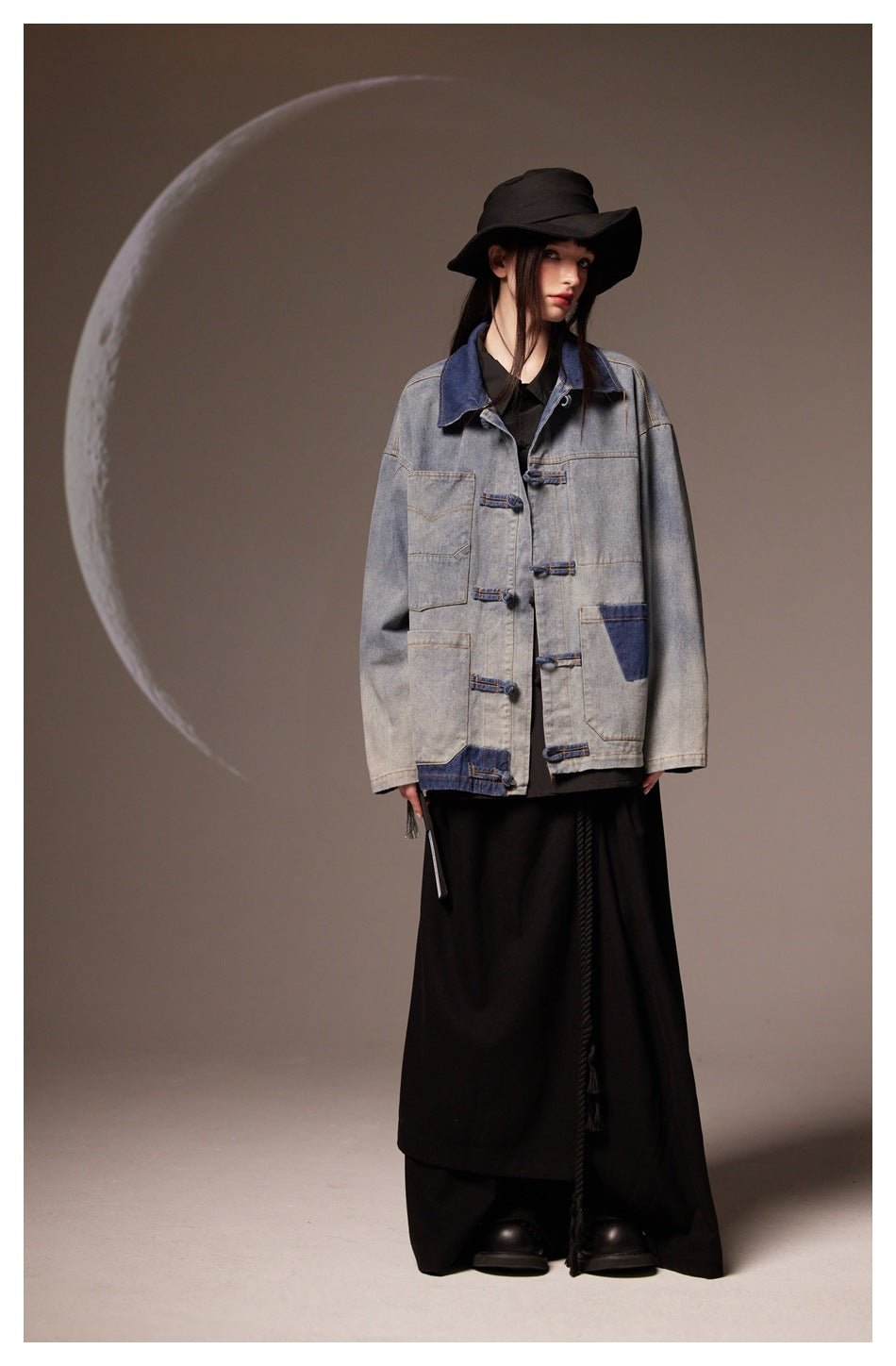 Patchwork Toggle Denim Chambray Jacket on Sale - Men's and Women's Long Sleeve Vintage Style - Seakoff
