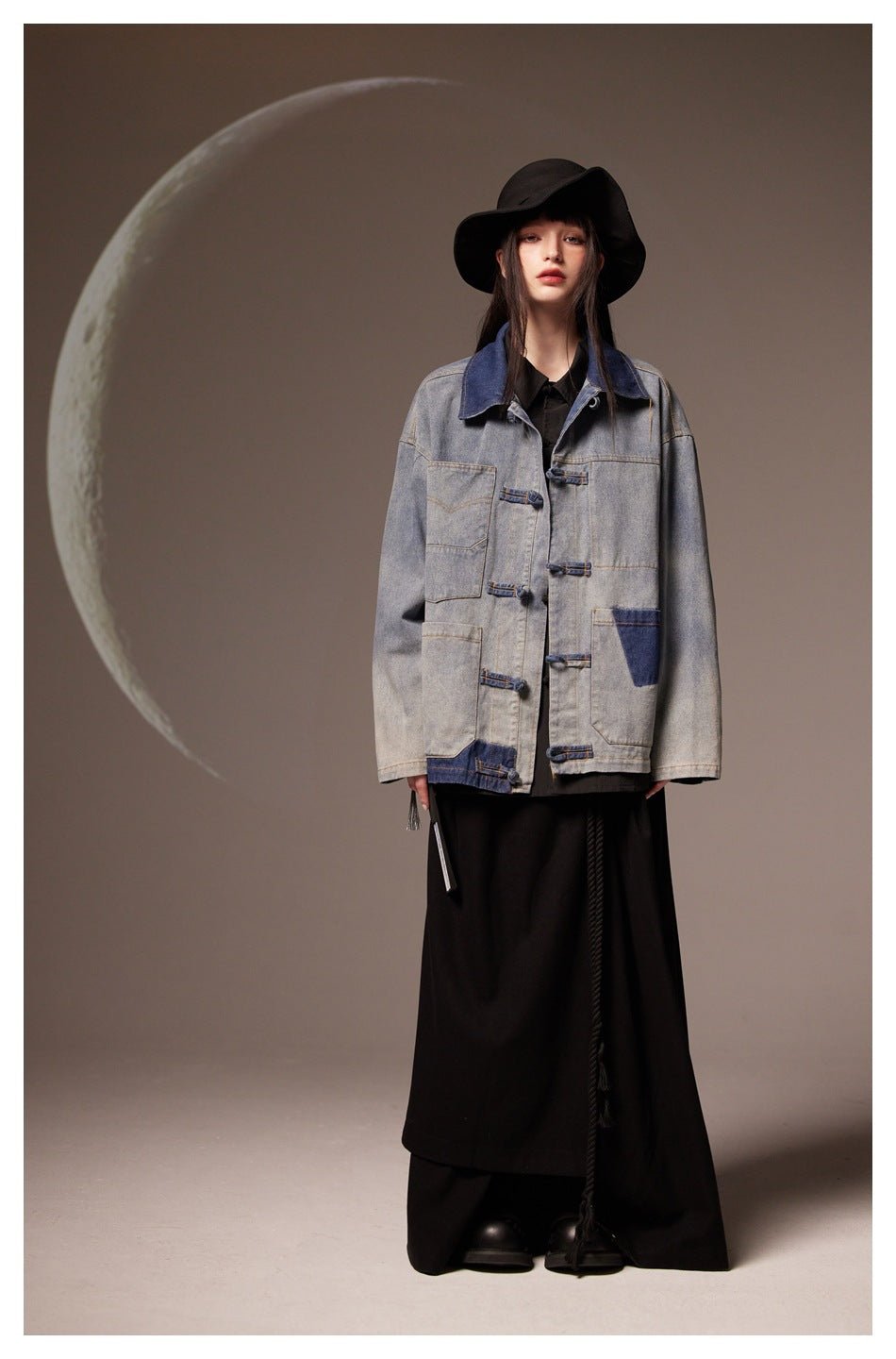 Patchwork Toggle Denim Chambray Jacket on Sale - Men's and Women's Long Sleeve Vintage Style - Seakoff