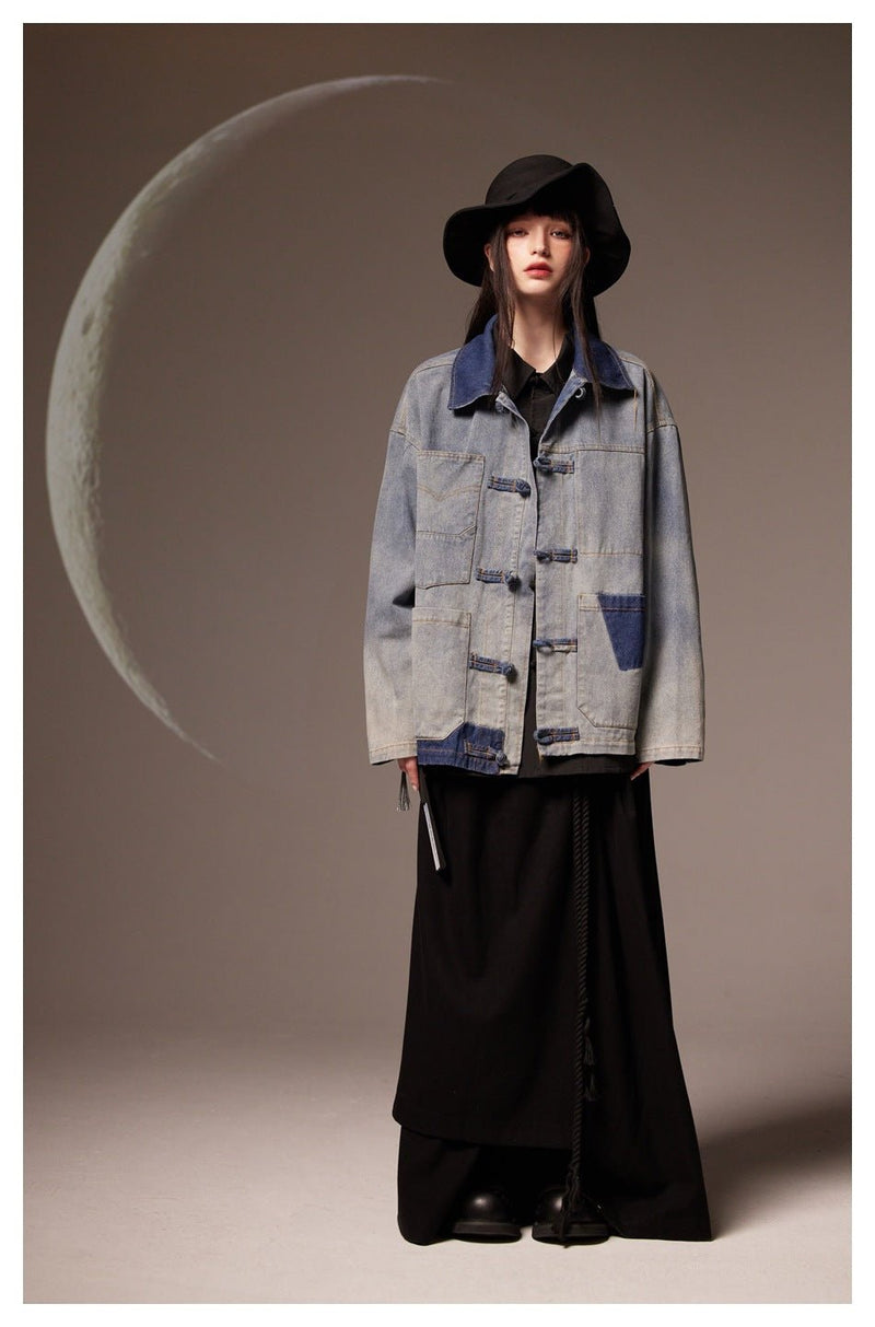 Patchwork Toggle Denim Chambray Jacket on Sale - Men's and Women's Long Sleeve Vintage Style - Seakoff