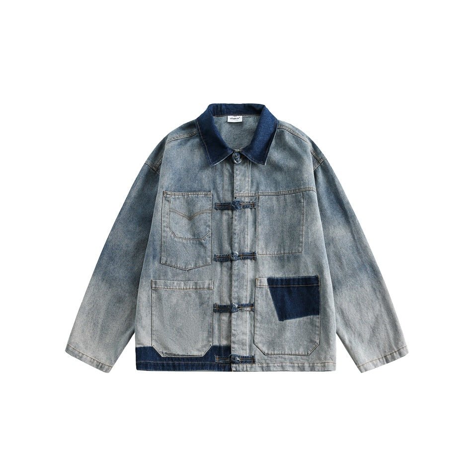 Patchwork Toggle Denim Chambray Jacket on Sale - Men's and Women's Long Sleeve Vintage Style - Seakoff
