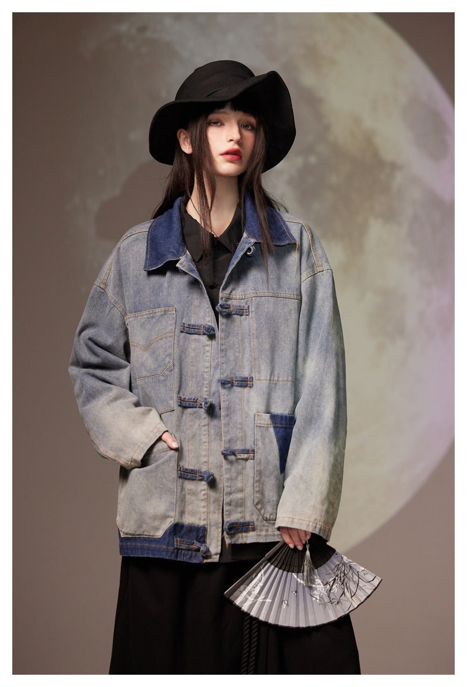 Patchwork Toggle Denim Chambray Jacket on Sale - Men's and Women's Long Sleeve Vintage Style - Seakoff