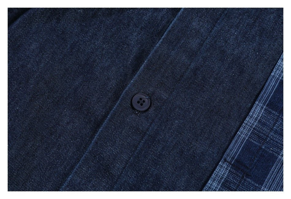 Plaid Patchwork Denim Chambray Shirt on Sale - Men&