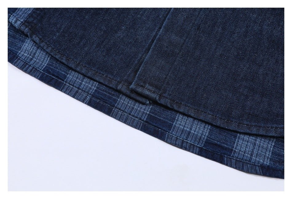 Plaid Patchwork Denim Chambray Shirt on Sale - Men's and Women's Long Sleeve Vintage Style - Seakoff