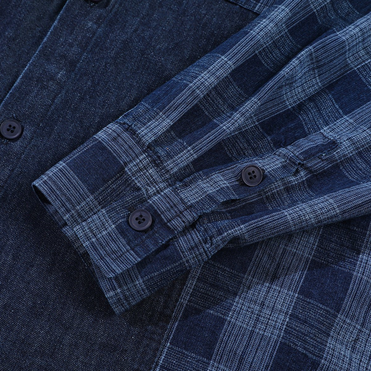 Plaid Patchwork Denim Chambray Shirt on Sale - Men's and Women's Long Sleeve Vintage Style - Seakoff