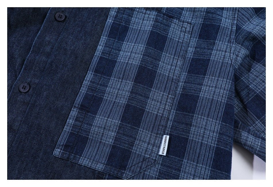 Plaid Patchwork Denim Chambray Shirt on Sale - Men's and Women's Long Sleeve Vintage Style - Seakoff