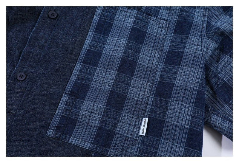 Plaid Patchwork Denim Chambray Shirt on Sale - Men's and Women's Long Sleeve Vintage Style - Seakoff