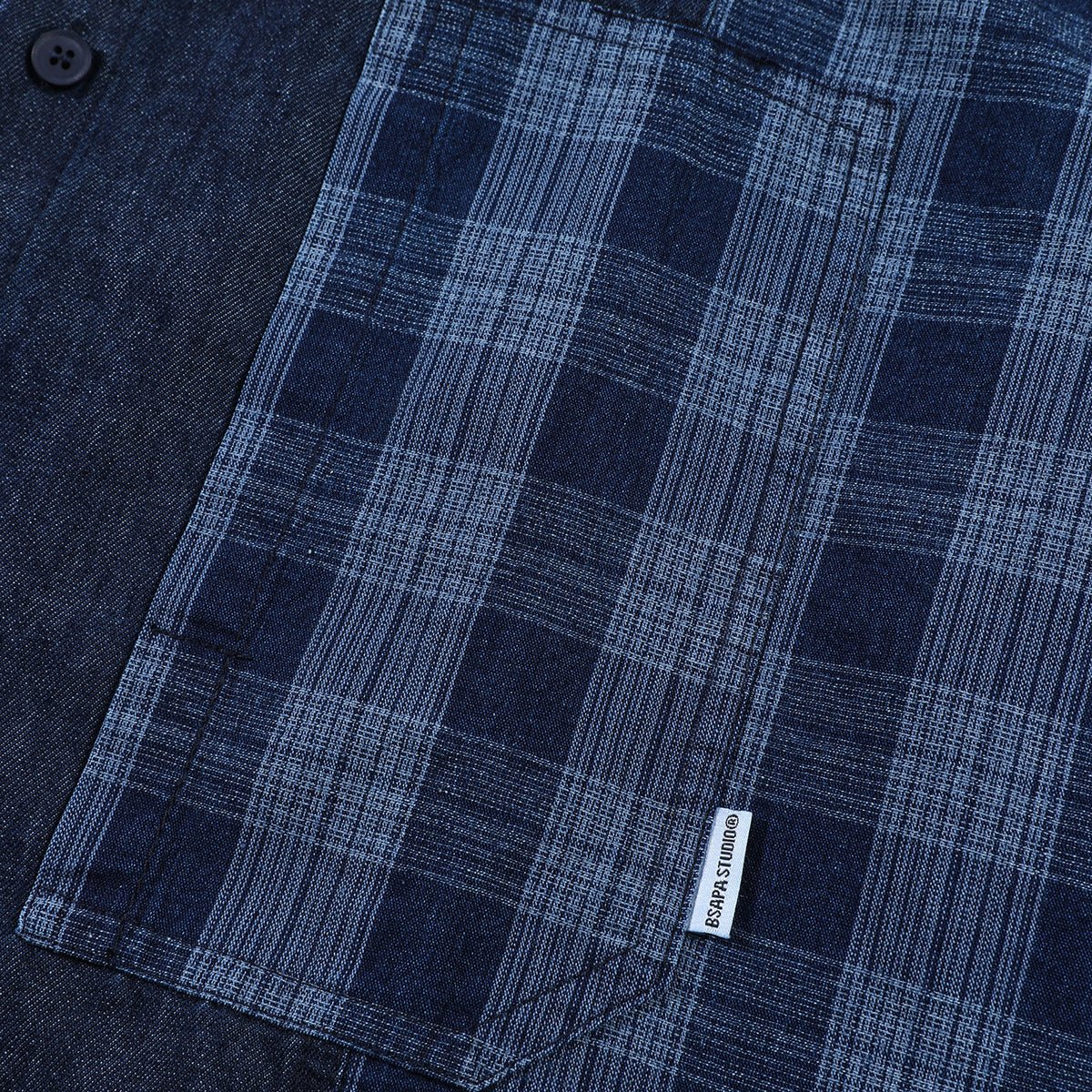 Plaid Patchwork Denim Chambray Shirt on Sale - Men's and Women's Long Sleeve Vintage Style - Seakoff