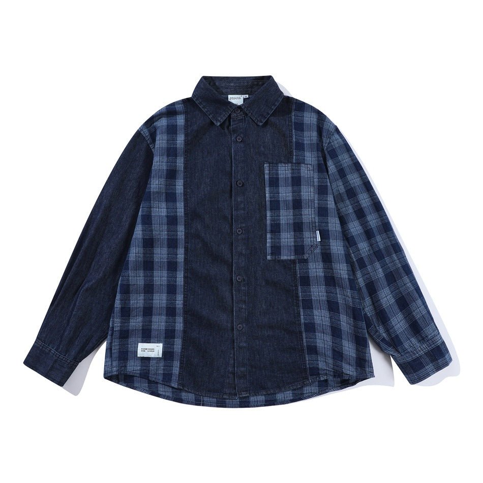 Plaid Patchwork Denim Chambray Shirt on Sale - Men's and Women's Long Sleeve Vintage Style - Seakoff