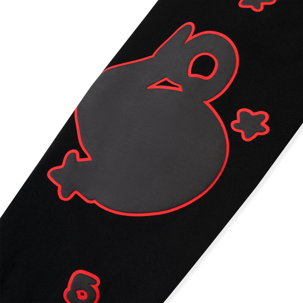 A close-up of the Sp5der 440GSM Heavyweight Star Hoodie in black & grey shows a large, stylized cartoon bunny outlined in red with three small red stars and a smaller bunny face, highlighting its bold streetwear design.