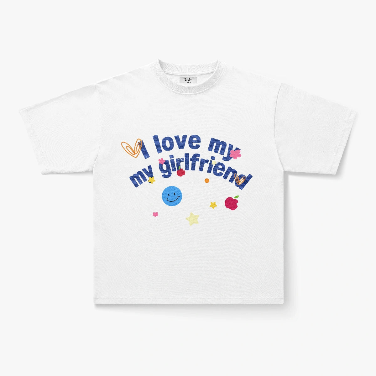 I Love My Girlfriend Embroidered Doodle Graphic Oversized Black Tee—features playful hearts, stars, and smiley face graphics for a cute, romantic Y2K-inspired look.