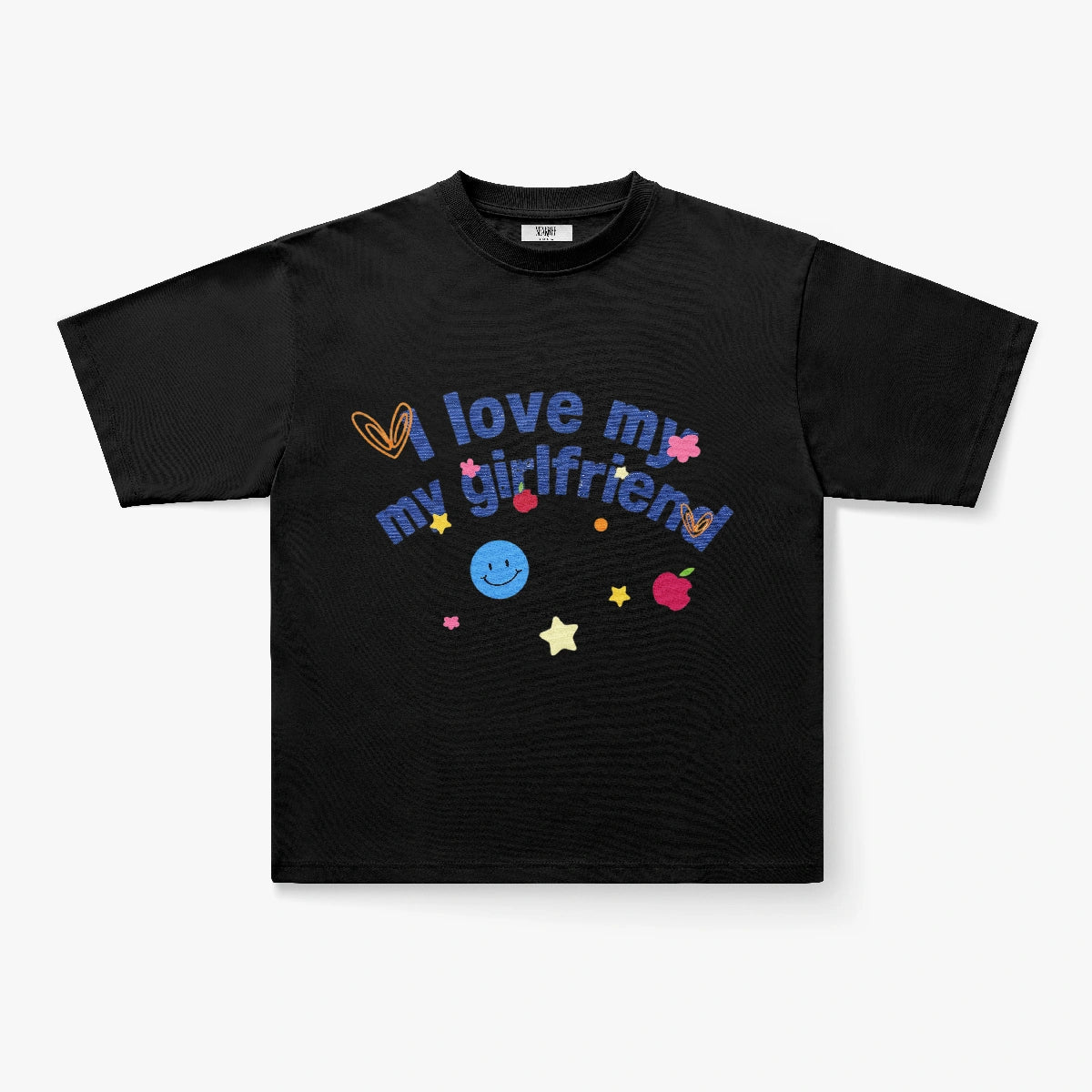 The I Love My Girlfriend Embroidered Doodle Graphic Oversized Black Tee features playful, colorful lettering with hearts, stars, a blue smiley face, and red flowers—a perfect romantic and fun Y2K-inspired shirt.