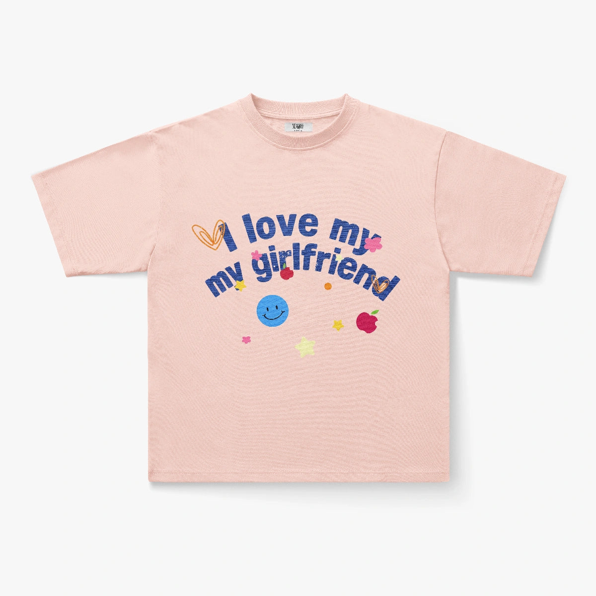 The "I Love My Girlfriend" Embroidered Doodle Graphic Oversized Black Tee features playful colorful designs—yellow heart, blue smiley face, pink star, and red apple—perfect for showing off your fun Y2K-inspired style.