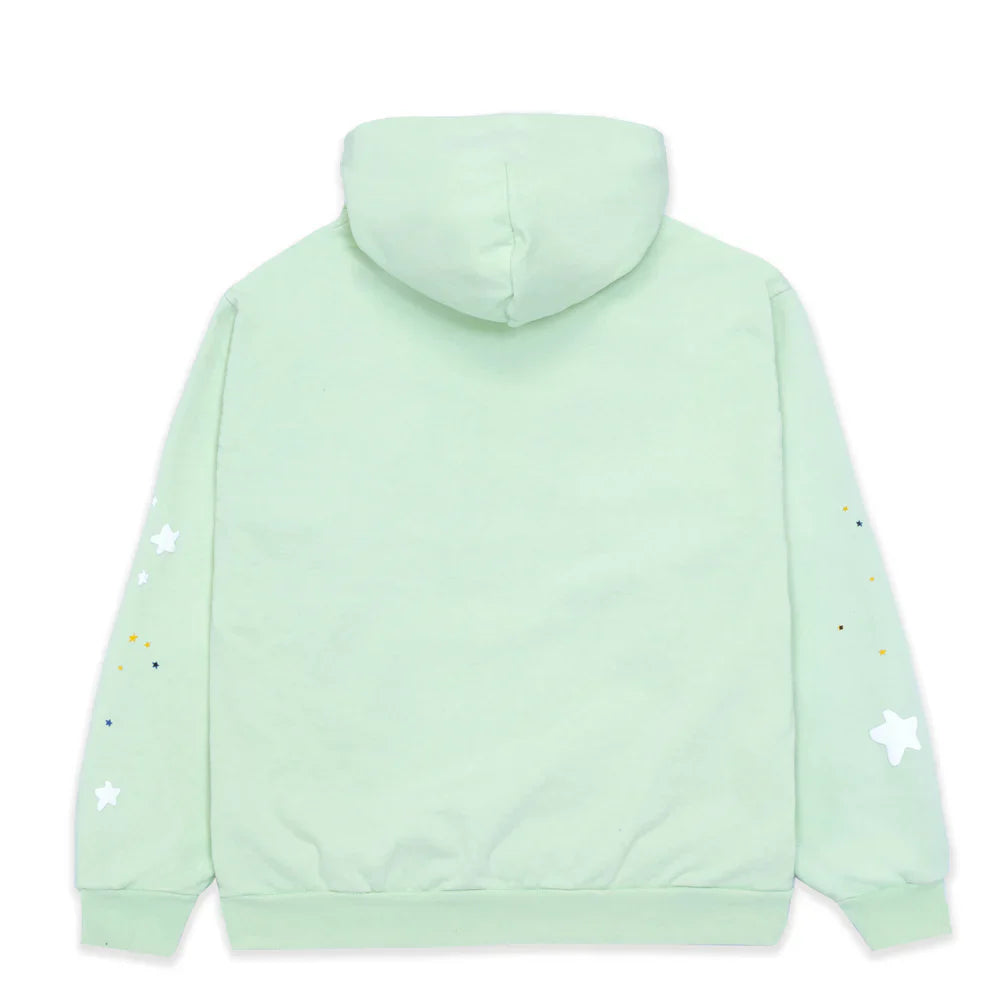 The Sp5der “Mint Star Web” Hoodie in mint green is a 440GSM heavyweight oversized streetwear pullover, showcased from the back with white star and colorful dot designs along both sleeves for a bold Y2K look.