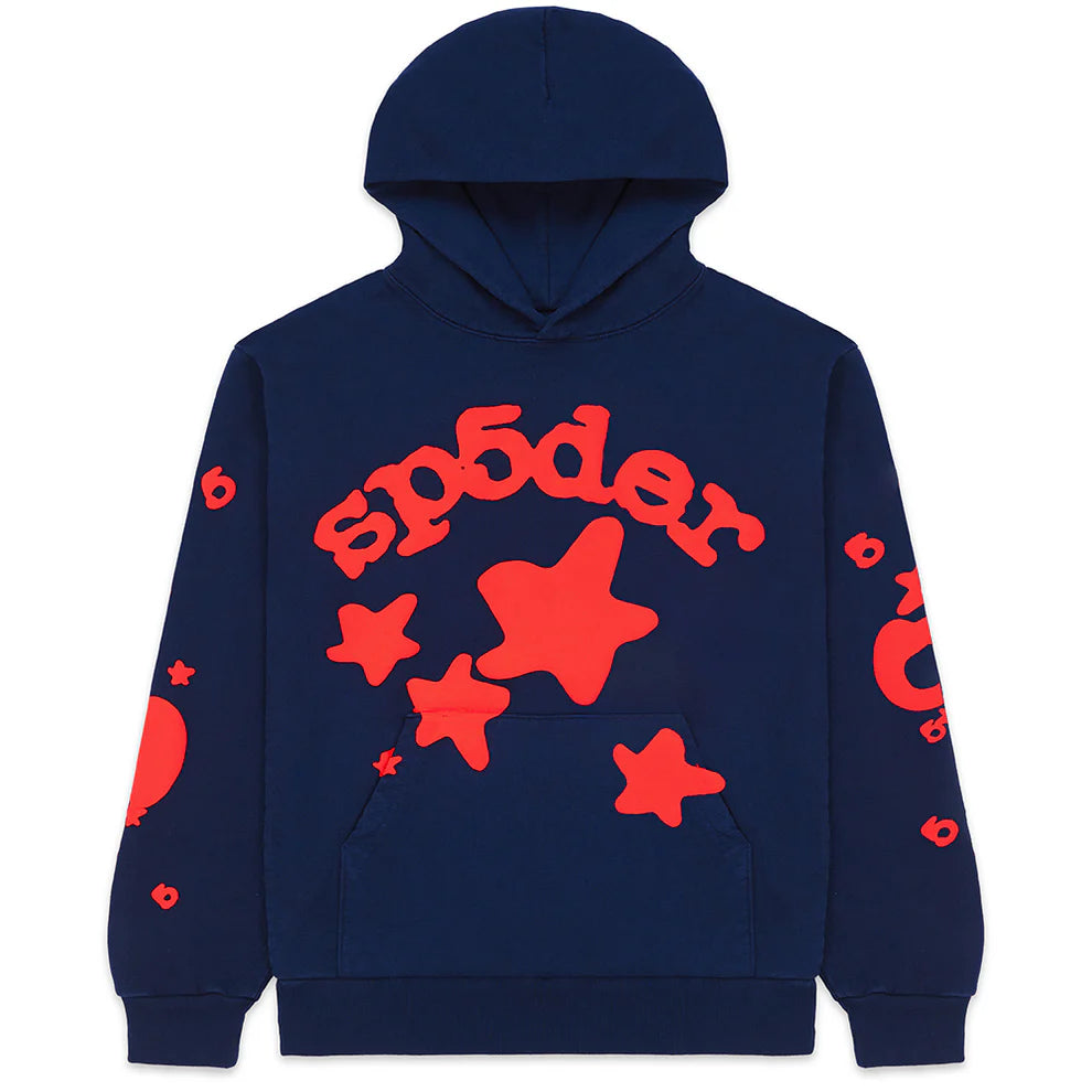 Sp5der 440GSM Heavyweight Hoodie – Navy Blue with Red Star Puff Print Streetwear Pullover