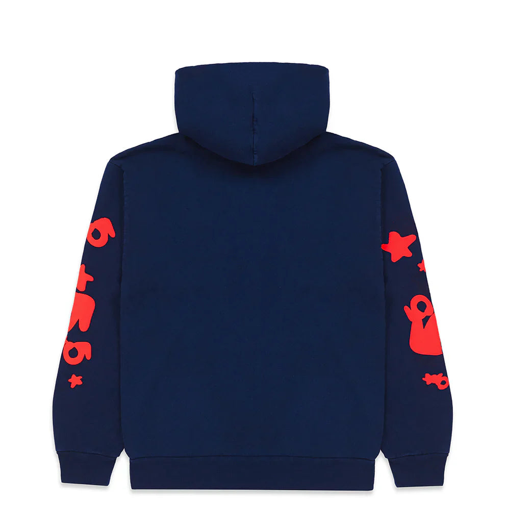The Sp5der 440GSM Heavyweight Hoodie in navy blue features bold red star puff prints along the sleeves, combining premium cotton fleece comfort with standout Y2K streetwear style.