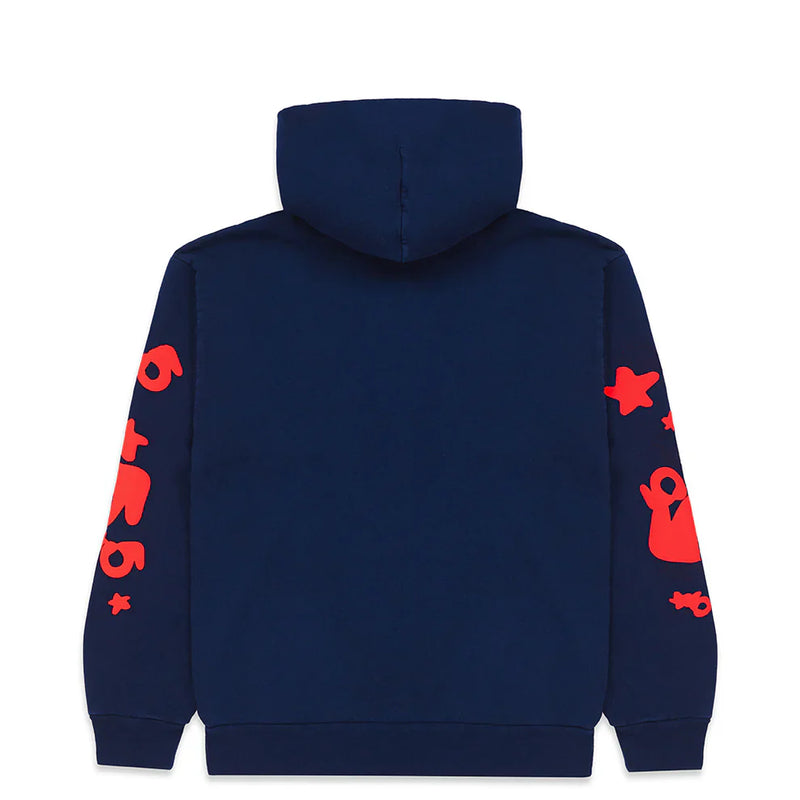 The Sp5der 440GSM Heavyweight Hoodie in navy blue features bold red star puff prints along the sleeves, combining premium cotton fleece comfort with standout Y2K streetwear style.