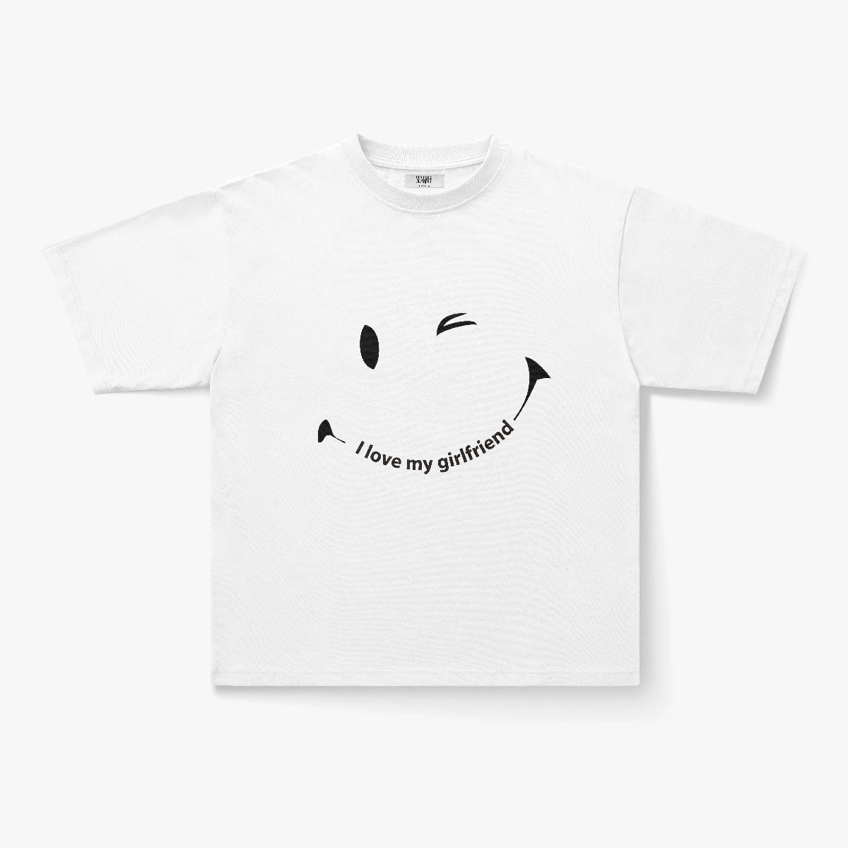 The I Love My Girlfriend Winking Smiley Face Oversized Graphic Tee features a bold black winking smiley and curved "I love my girlfriend" text—ideal for couples' streetwear or as a fun Y2K-inspired statement piece.