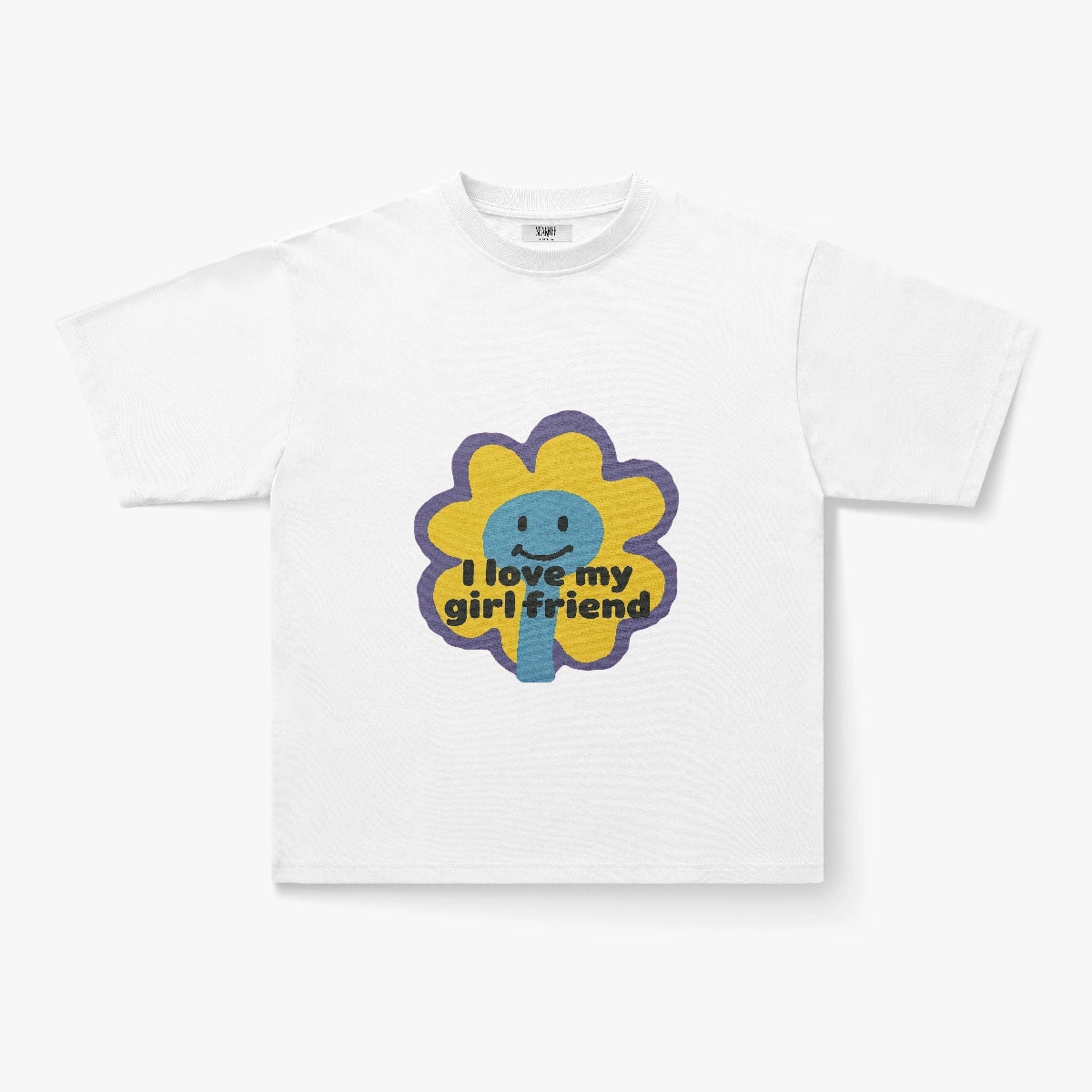 The "I Love My Girlfriend Retro Flower Smiley Graphic Oversized Tee" is a white Y2K-inspired shirt with a cartoon yellow daisy and bold text, perfect for fans of indie streetwear.