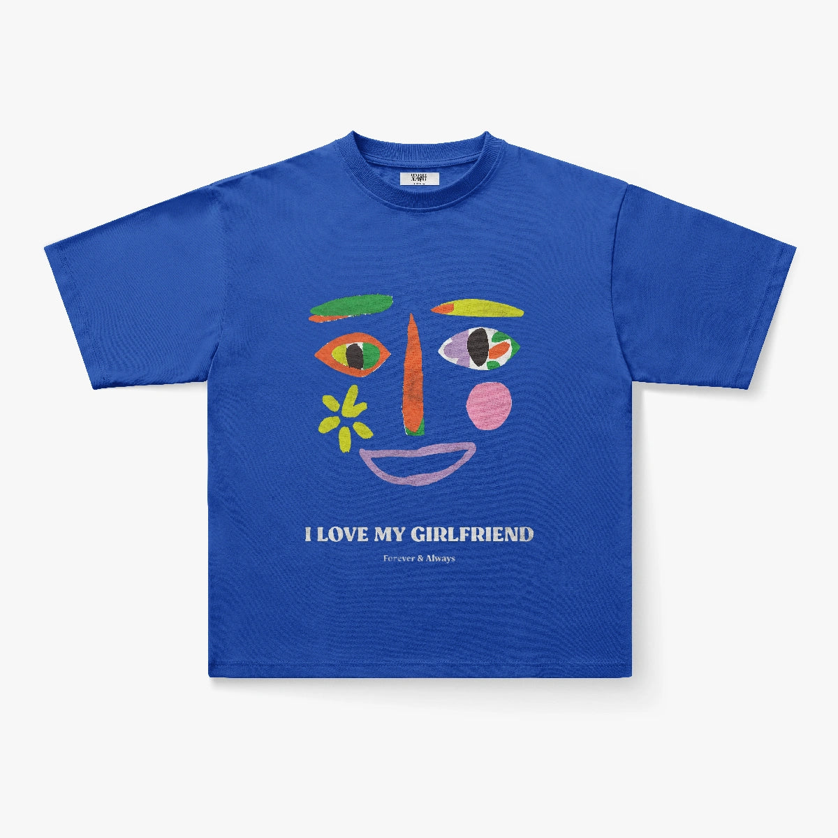 The I Love My Girlfriend Abstract Face Graphic Royal Blue T-Shirt features a bold face graphic and “I LOVE MY GIRLFRIEND Forever & Always” text in white—ideal for indie streetwear enthusiasts.