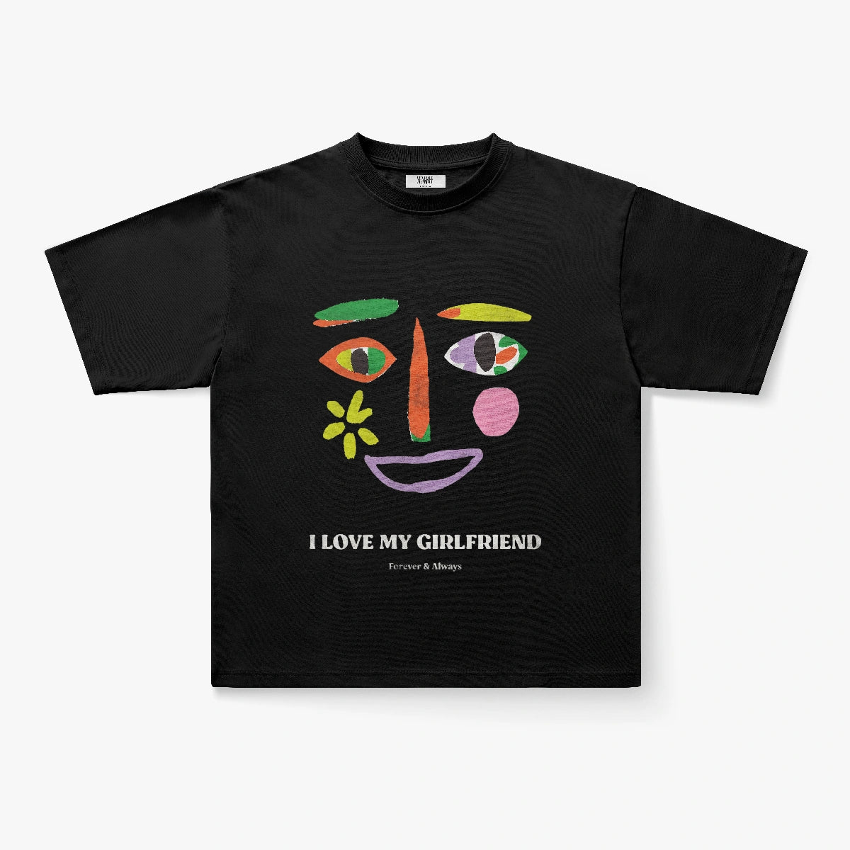 The I Love My Girlfriend Abstract Face Graphic Royal Blue T-Shirt features a colorful abstract face and "I LOVE MY GIRLFRIEND Forever & Always" text printed below the design.