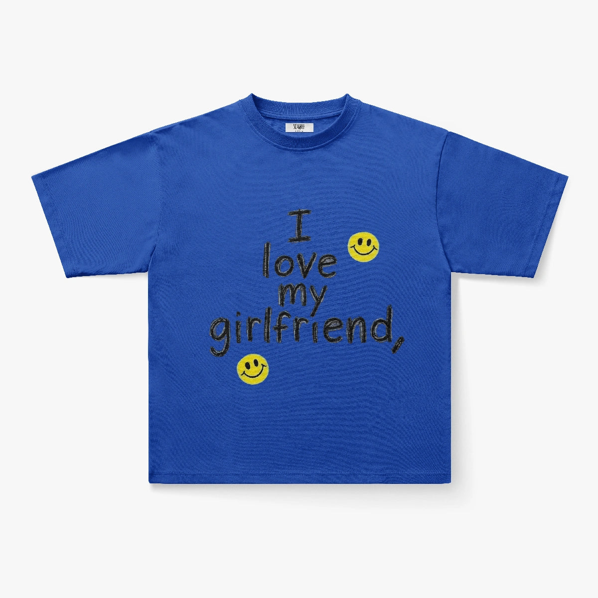 The I Love My Girlfriend Handwritten Graphic Oversized T-Shirt features black script and two yellow smiley faces above and below, delivering trendy Y2K streetwear vibes in a bold blue boxy fit.