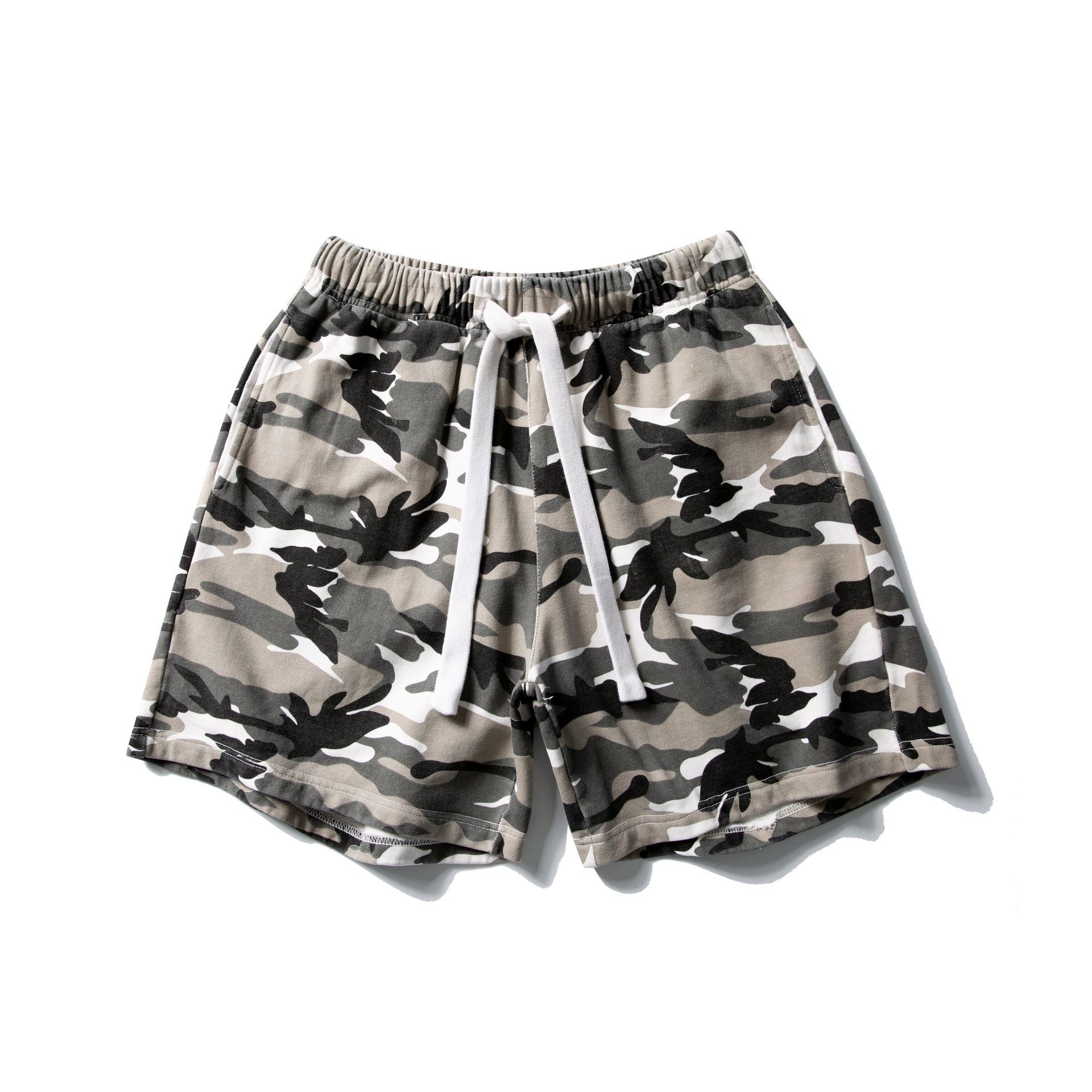 Men's relaxed fit urban gray camouflage cotton shorts with white drawstring and elastic waistband laid flat on white background