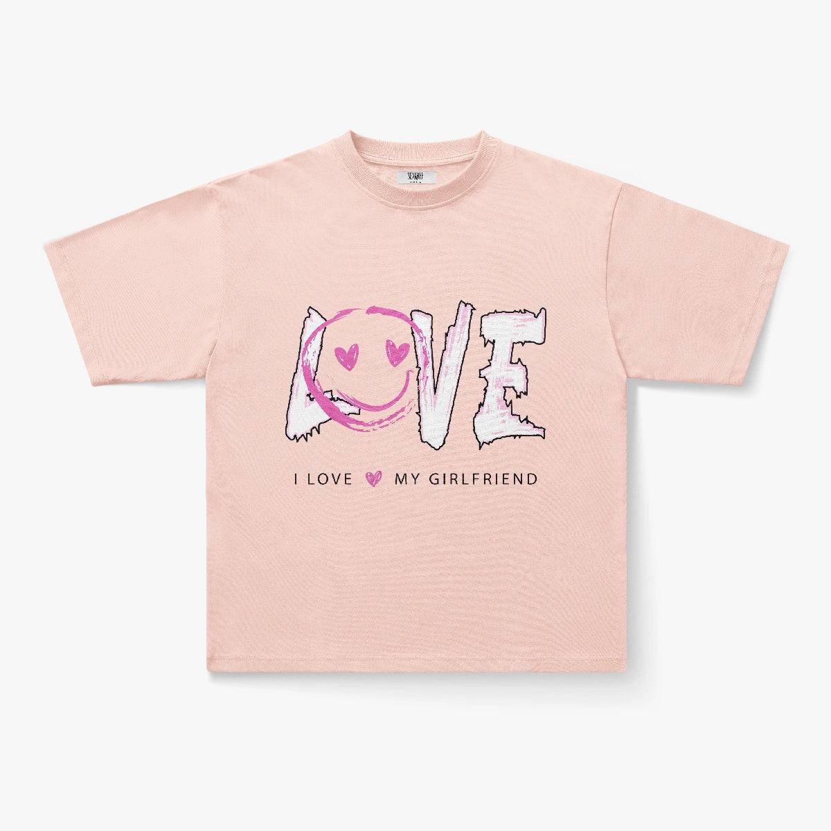 The I Love My Girlfriend Pink Smiley Graphic Oversized White T-Shirt features a light pink Y2K LOVE design with a heart-eyed smiley, “I LOVE MY GIRLFRIEND” text, and cute hearts—perfect for couples or as an oversized love shirt.