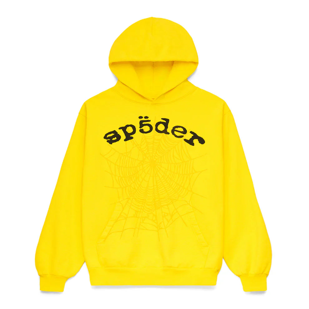 Stand out in the Yellow Graphic Hoodie with Spider Web Print and Lettering—this comfort fit pullover features bold "sp5der" text, a hood, and a subtle web design for eye-catching streetwear style.