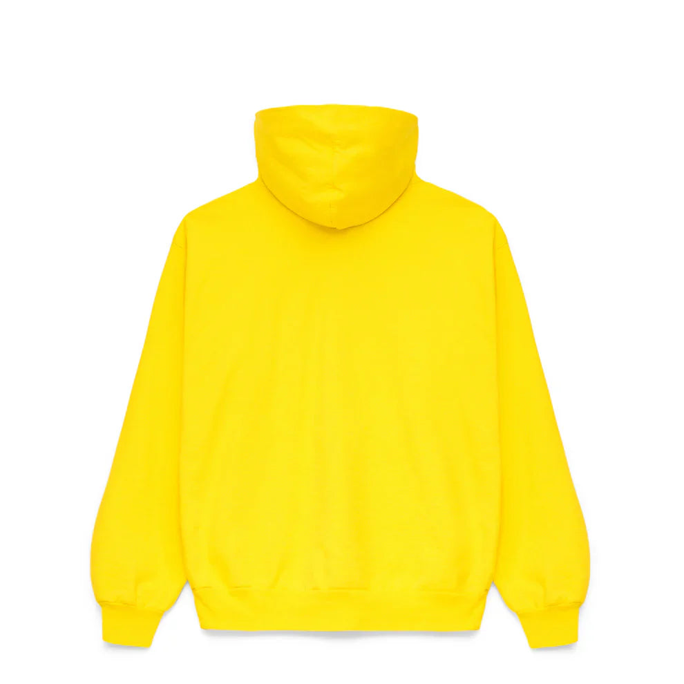 A yellow graphic hoodie with spider web print and lettering is shown from the back. The comfort fit pullover has long sleeves and a front pocket not visible in this view.