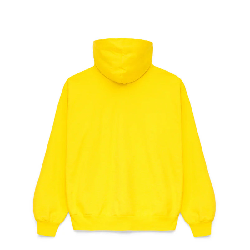 A yellow graphic hoodie with spider web print and lettering is shown from the back. The comfort fit pullover has long sleeves and a front pocket not visible in this view.