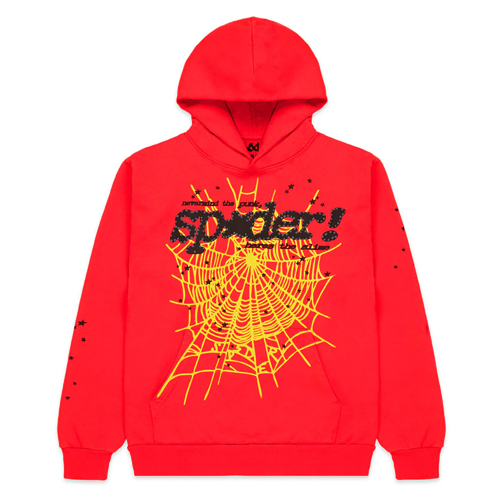 Red Graphic Hoodie with Spider Web Print and Star Details – Comfort Fit Pullover Hoodie