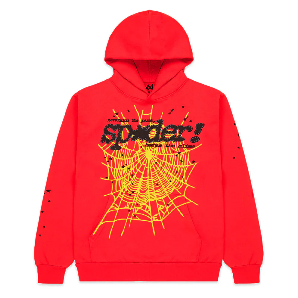 The Red Graphic Hoodie with Spider Web Print and Star Details features a bold yellow web and "spider!" text on the front, plus black spiders across the sleeves and chest—a standout comfort fit pullover for any collection.