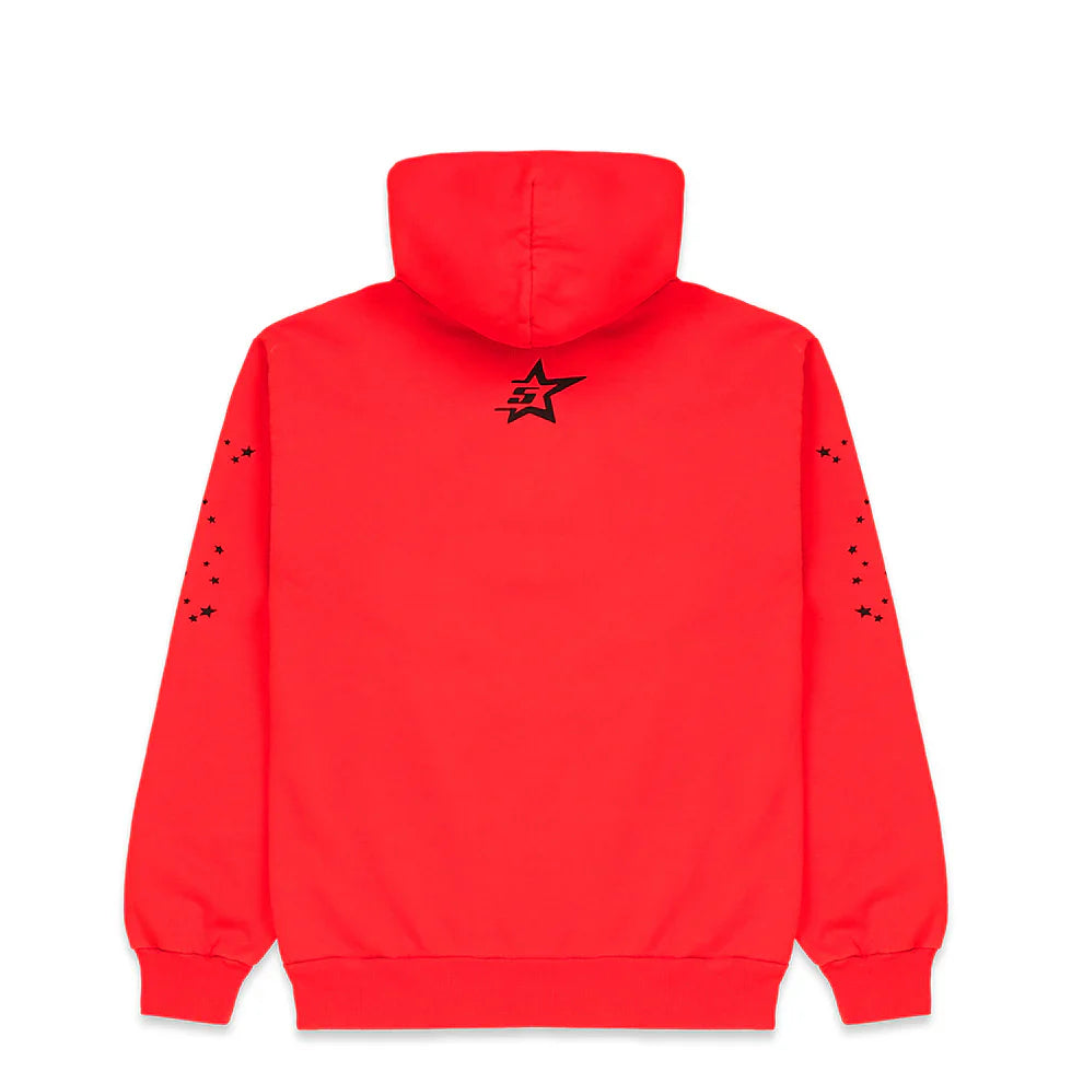 The Red Graphic Hoodie with Spider Web Print and Star Details is shown from the back, featuring a bold black star, smaller star under the hood, and small black stars down each sleeve—a standout comfort fit pullover with striking accents.