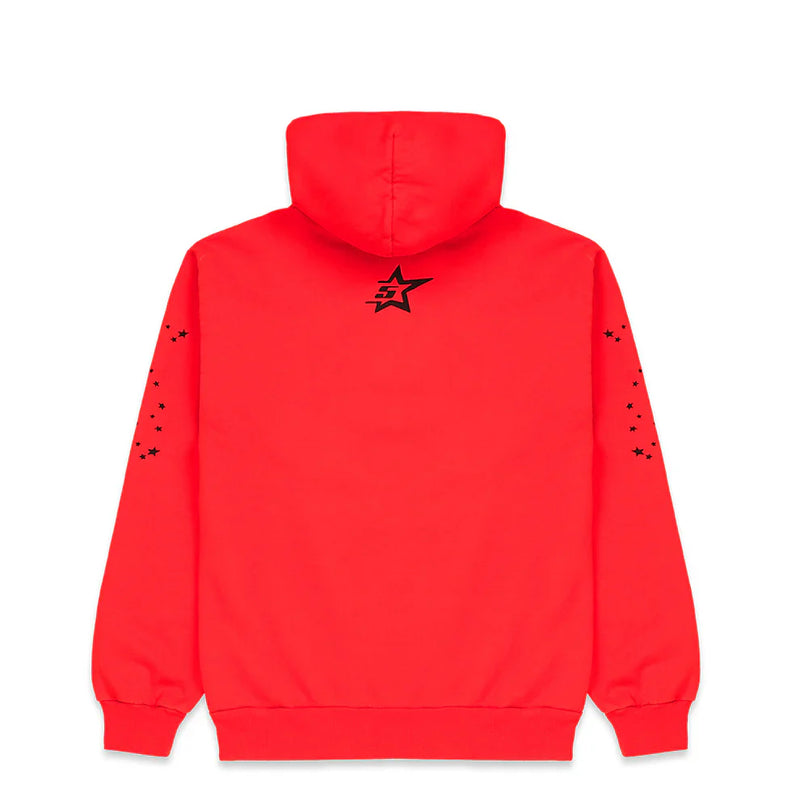 The Red Graphic Hoodie with Spider Web Print and Star Details is shown from the back, featuring a bold black star, smaller star under the hood, and small black stars down each sleeve—a standout comfort fit pullover with striking accents.