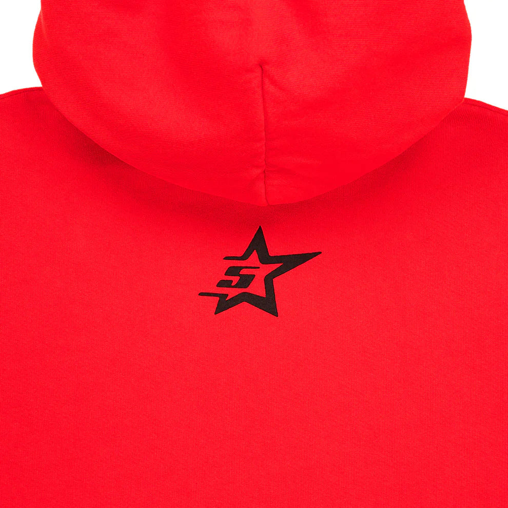 A close-up of the back of the Red Graphic Hoodie with Spider Web Print and Star Details—this comfort fit pullover features bold star graphics below the hood, delivering standout streetwear style.