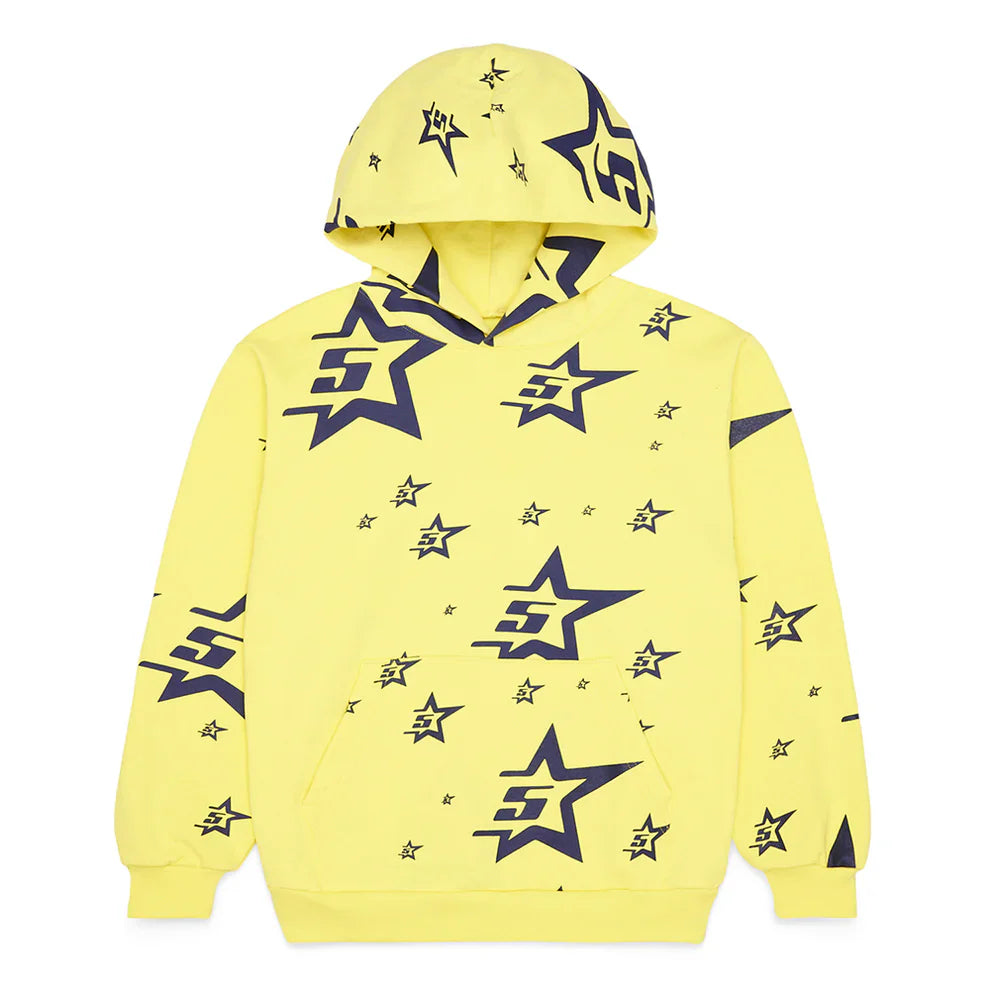 The Yellow All-Over Star Graphic Hoodie – Comfort Fit Pullover features a bold navy star print, some with a number 5 inside. Comes with a front pocket and ribbed cuffs and hem for added comfort.