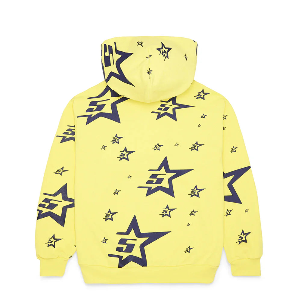 The Yellow All-Over Star Graphic Hoodie – Comfort Fit Pullover Hoodie features large and small navy blue stars with the number 5 inside, scattered across the back and hood for a bold graphic look.