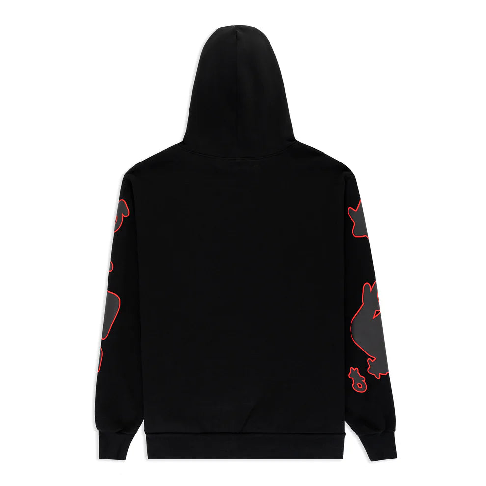 The Sp5der 440GSM Heavyweight Star Hoodie in black & grey is an oversized streetwear pullover. It features red outlined cartoon-style animal faces along the sleeves and a plain back, making it a bold, standout piece for streetwear fans.
