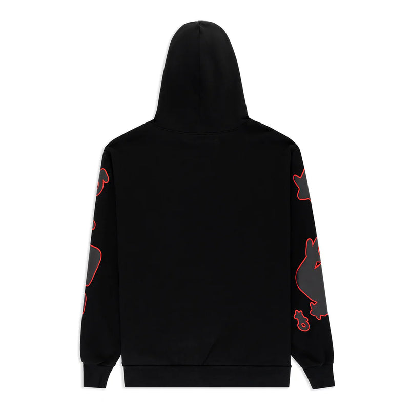 The Sp5der 440GSM Heavyweight Star Hoodie in black & grey is an oversized streetwear pullover. It features red outlined cartoon-style animal faces along the sleeves and a plain back, making it a bold, standout piece for streetwear fans.
