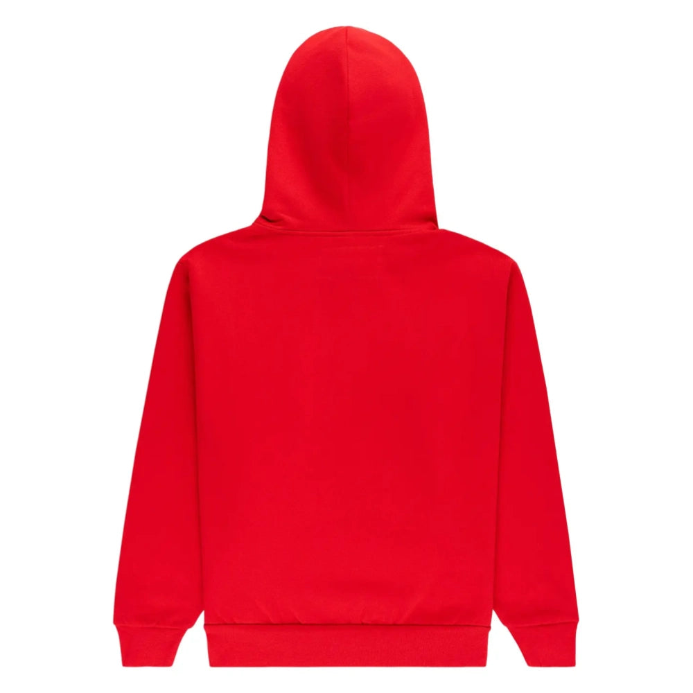 A red Sp5der Web Zip Hoodie 440GSM is shown from the back with the hood up. Its simple long sleeves create a clean look, perfect for those who prefer this style over a bold Red Studded Spider Web Graphic Zip Hoodie.